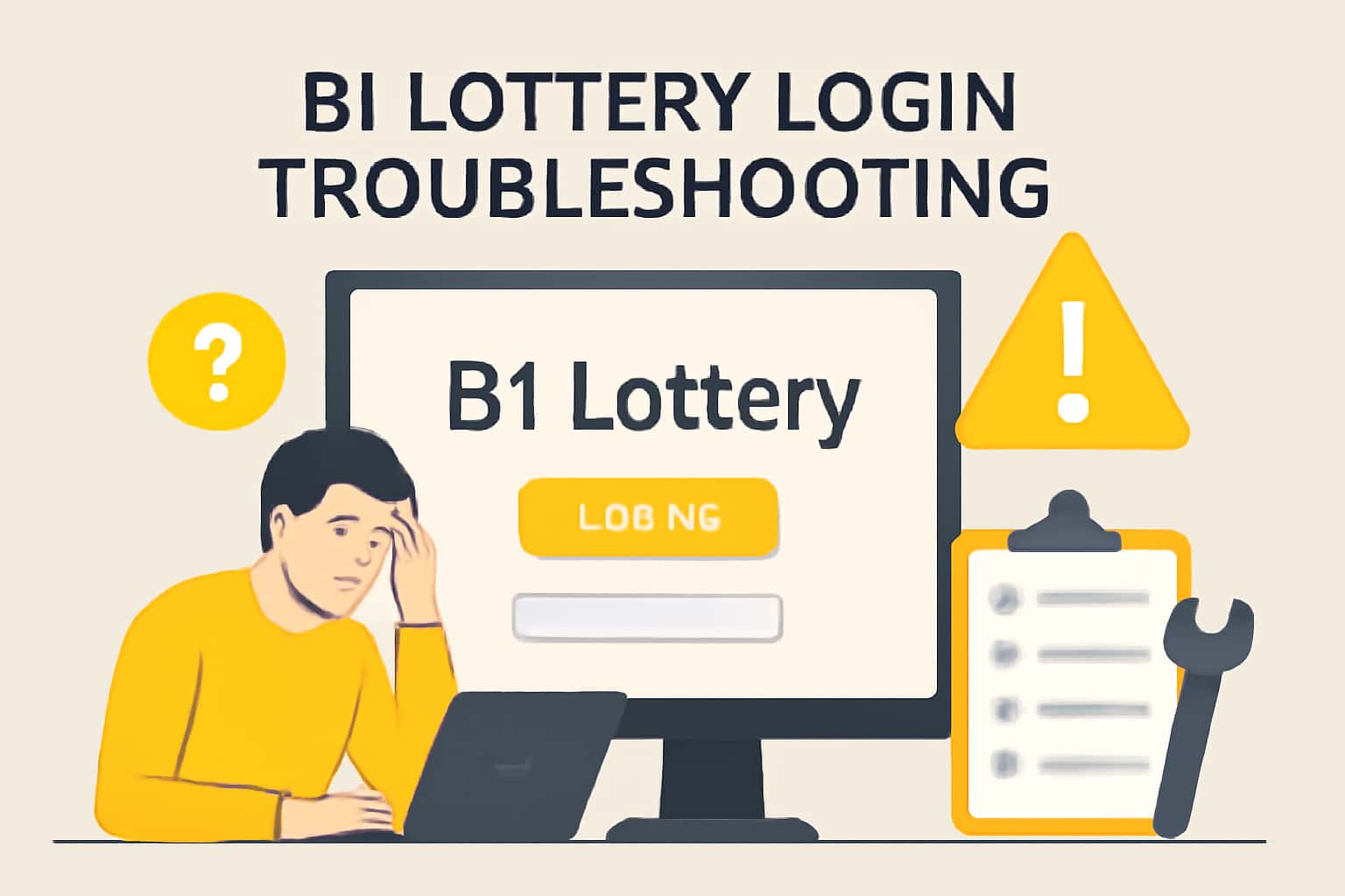 Informational graphic depicting B1 Lottery login troubleshooting steps.