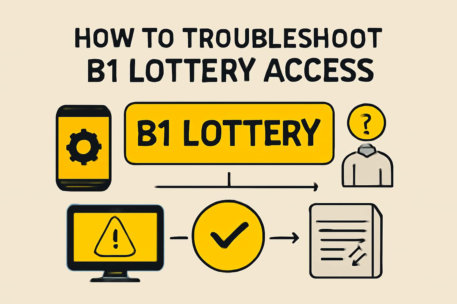 Informational graphic illustrating troubleshooting access issues for B1 Lottery.
